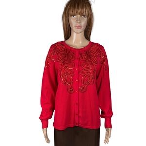 Vintage Bob Mackie Embroidered Sequin Cotton Red Cardigan Size L